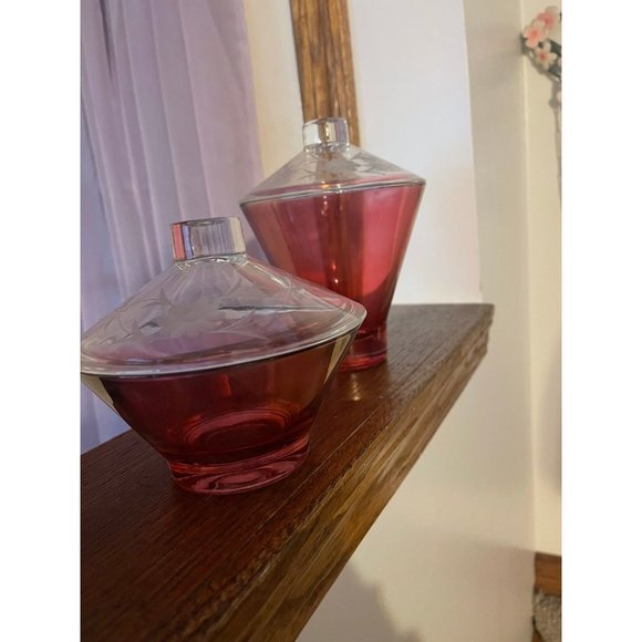 Rare 2 Hazel Atlas Glass Moroccan Ruby red Swirl Candy Dish w/Lid Mid Century - Picture 4 of 8